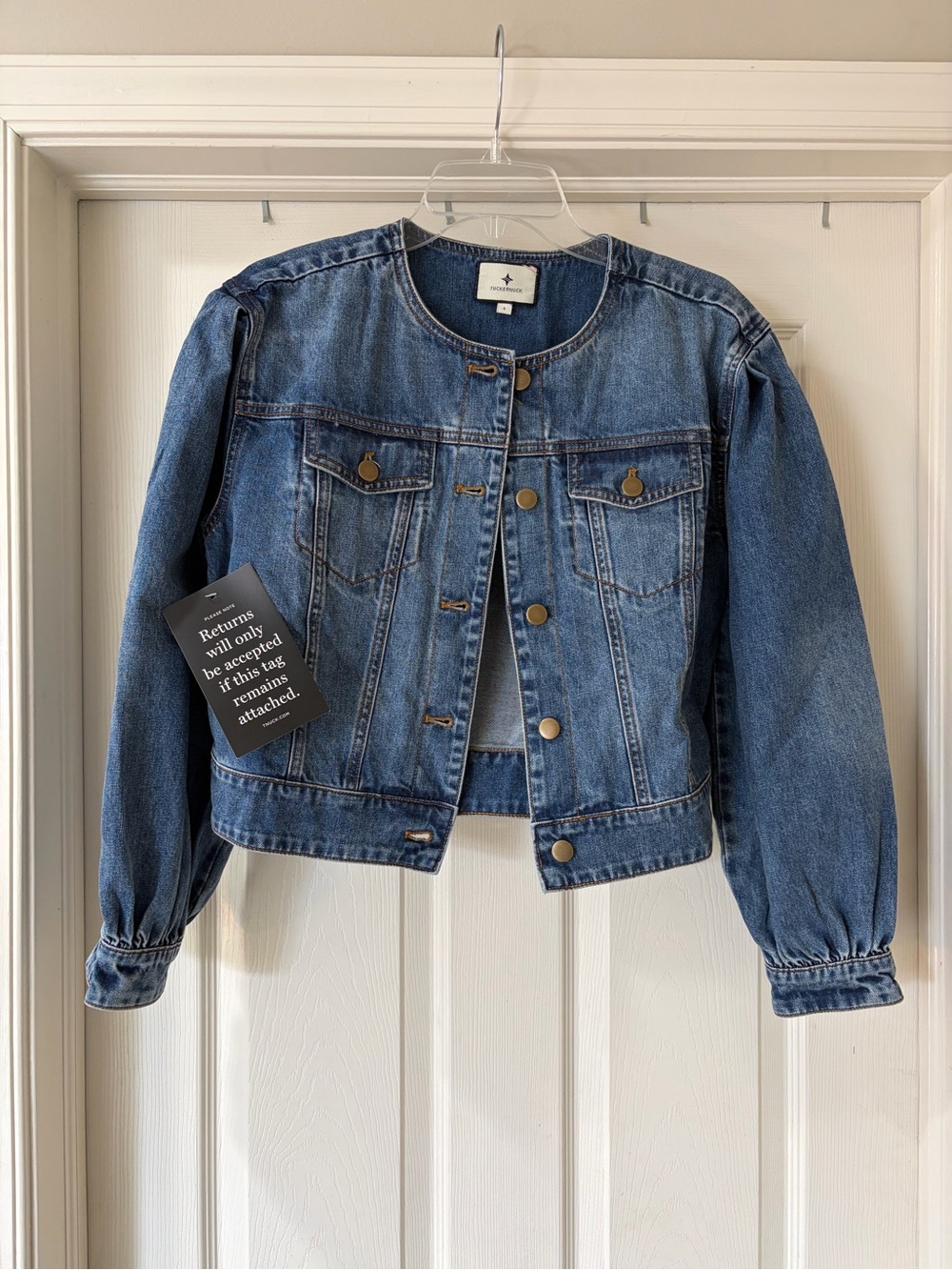 Tuckernuck Medium Blue Denim Jacket with Puff Sleeves NWT